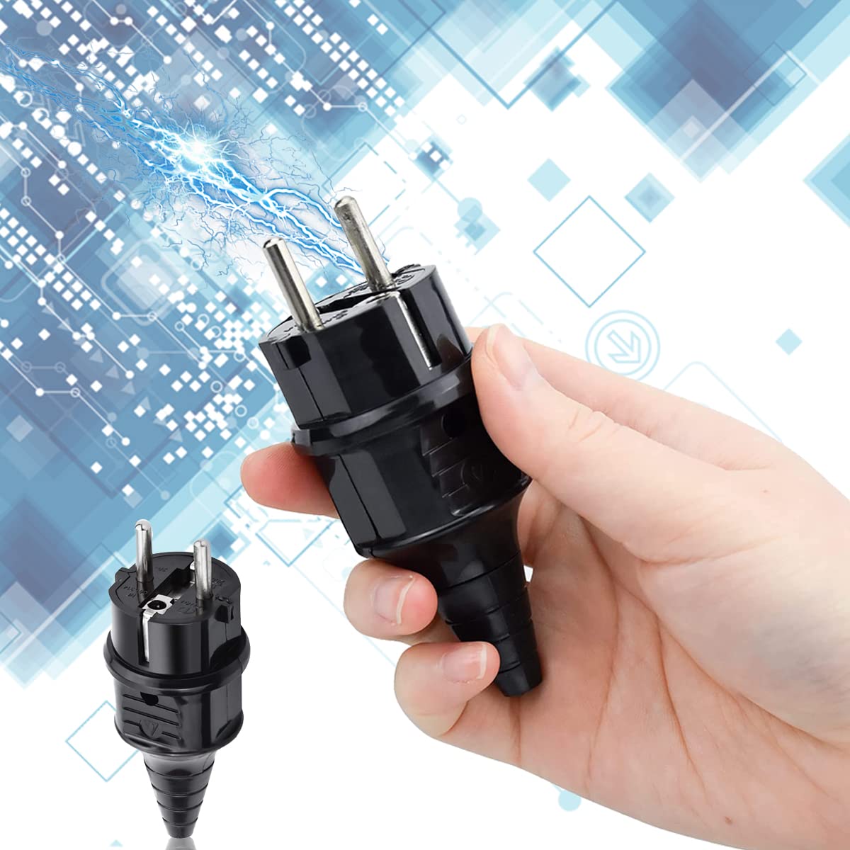 Fiche Électrique Mâle + Prise Femelle 250V 16A IP44 Caoutchouc Noir
