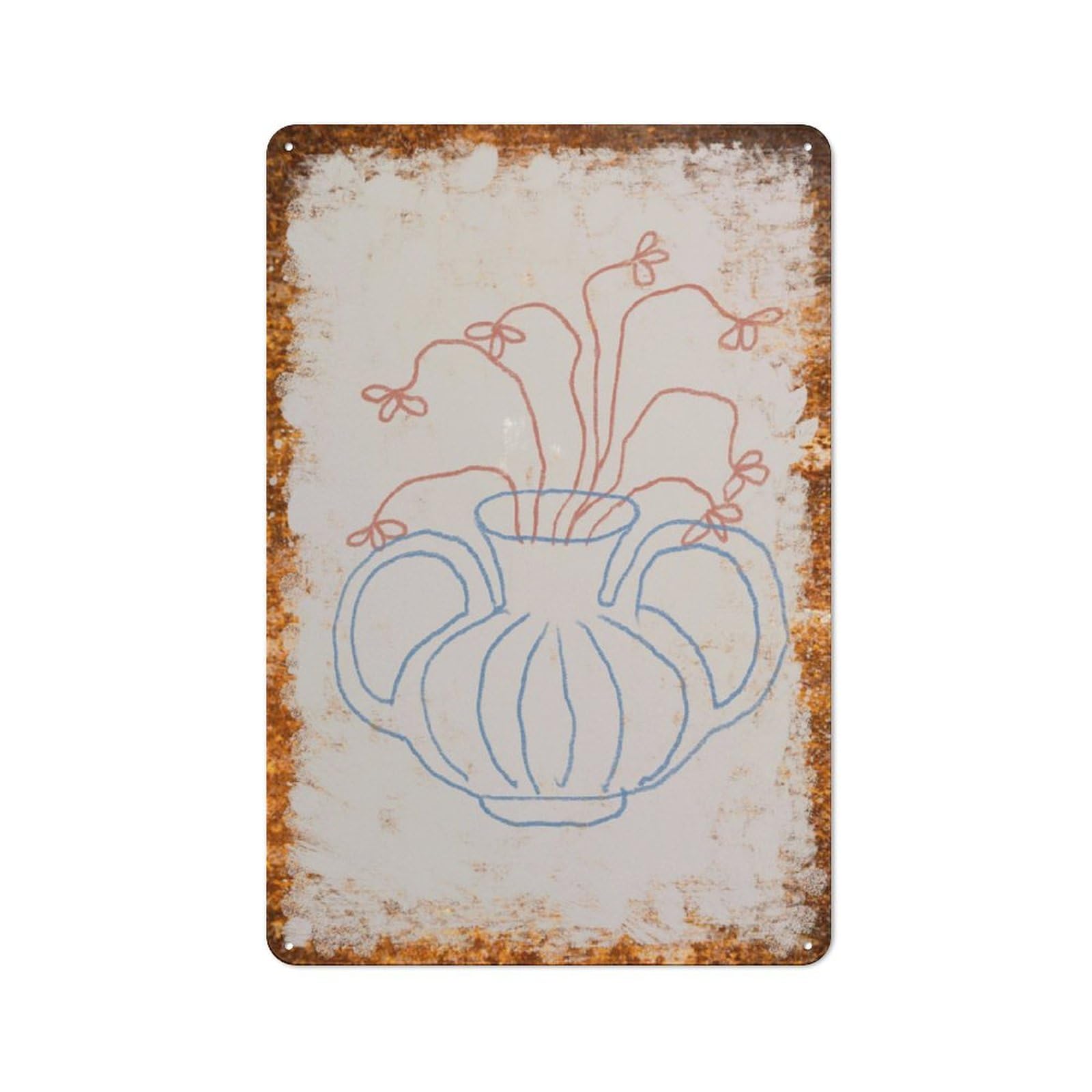 Metal Tin Sign Vase With Flowers Line Art Pattern Vintage Rustic Wall Art Kitchen Bathroom Bedroom Living Room Cafe Farmhouse Entryway Office Garage Home Bar Laundry Room Porch Patio 12x16 Inch