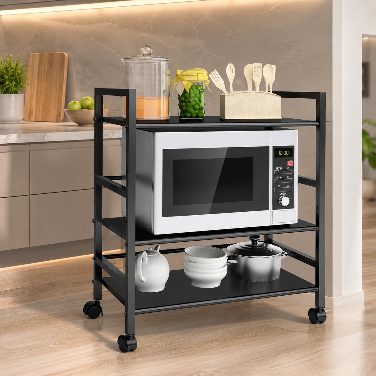 Plantex 3 Tier Premium Metal Rolling Trolley Cart Stand with Wheels/Oven Stand/Multifunctional Utility Stand with Storage Rack Shelves/Height Adjustable Shelf/Space Saving Stand for Home/Office(Black)-picture-14