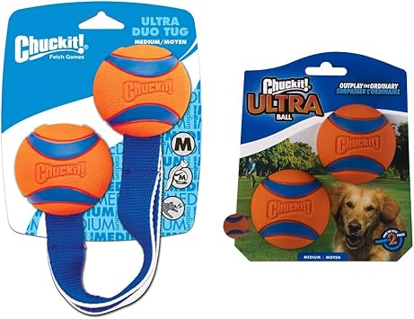 Chuckit! Ultra Ball 2-Pack & Ultra Duo Tug Dog Toy Bundle - Medium 2.5-inch Diameter Fetch Toys for Dogs 20-60 lbs