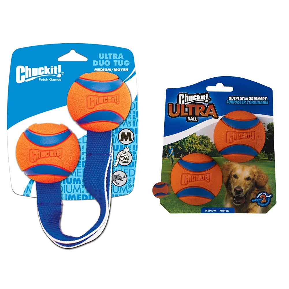 Chuckit Ultra Ball 2-Pack Ultra Duo Tug Dog Toy Bundle - Medium 2 5-inch Diameter Fetch Toys for