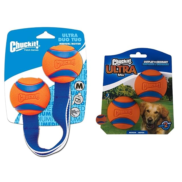Chuckit Ultra Ball 2-Pack Ultra Duo Tug Dog Toy Bundle - Medium 2 5-inch Diameter Fetch Toys for