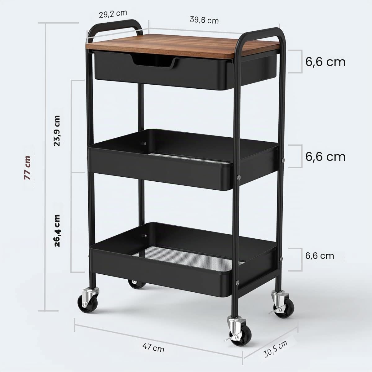Carrito Auxiliar de 3 Niveles con Ruedas y Cajones Estetica Ahorro de EspacioCarro Organizador para Cocina Baño Dormitorio Oficina (Negro)