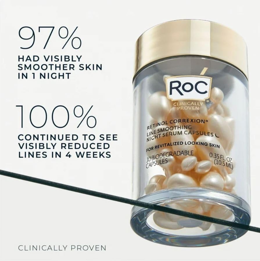 RoC Retinol Correxion Anti-Aging Wrinkle Night Serum Capsules, Daily Line Smoothing Skin Care Treatment for Fine Lines, Post-Acne Scars, 30 Individual Capsules, Unscented, 0.35 Fl Oz