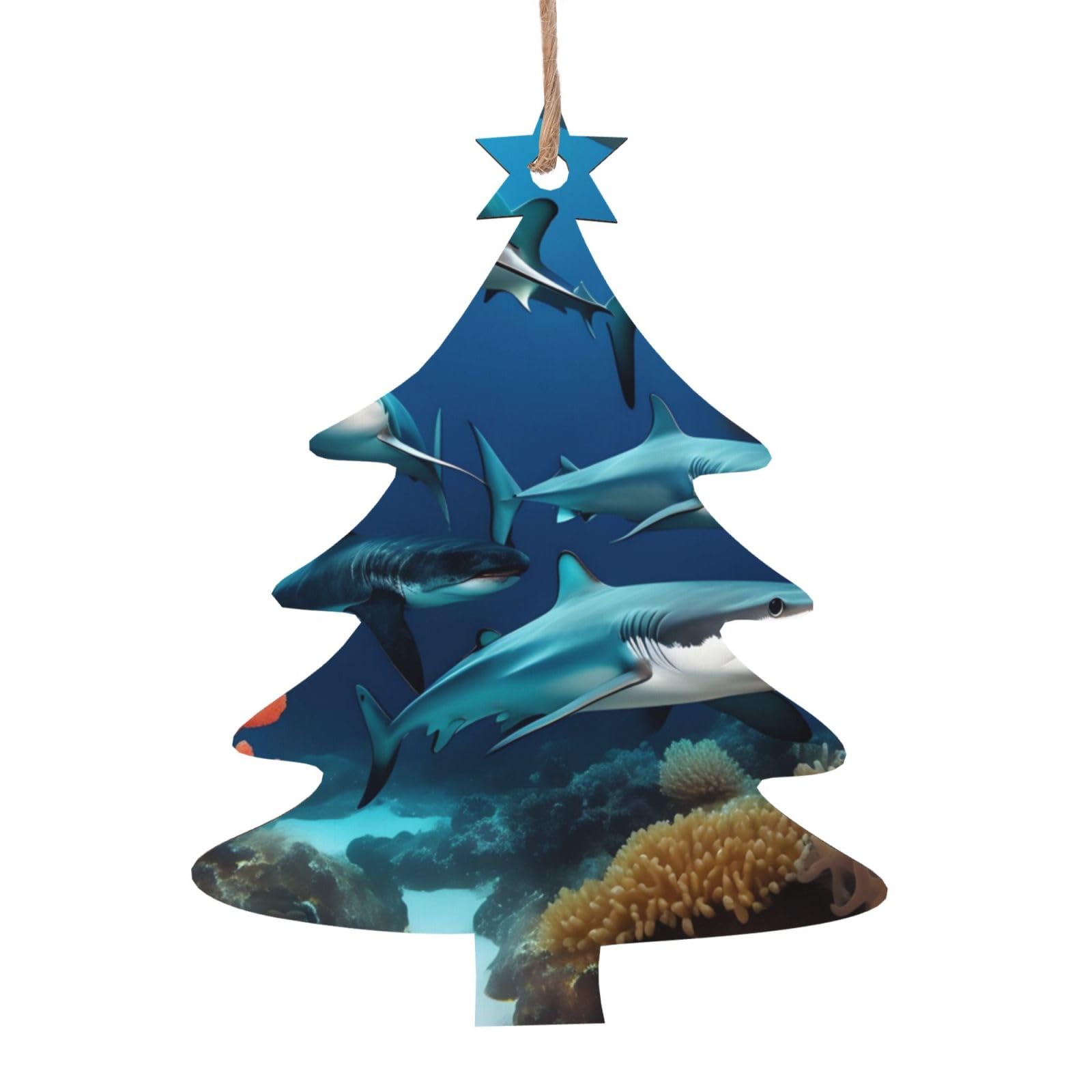 Submarine Shark Coral Printed Christmas Wooden Pendants, Simple and Environmentally Friendly, Holiday decorationsã€‚