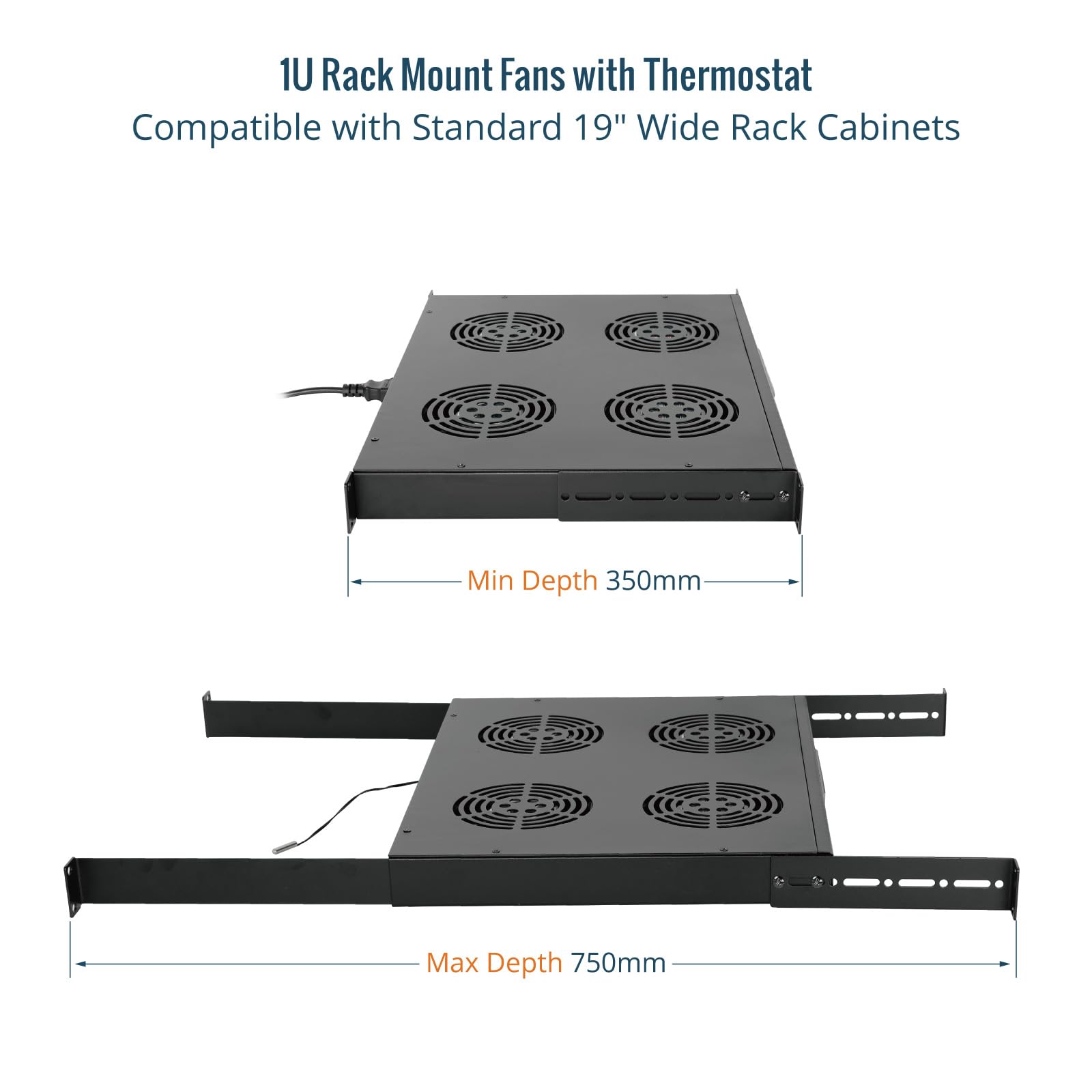 Tecmojo Modulo di Ventilazione da 1U per Rack da 19 Pollici con 4 Ventole, Supporto per Ventole con Guida Regolabile per Profondità da 350mm a 750mm, Nero