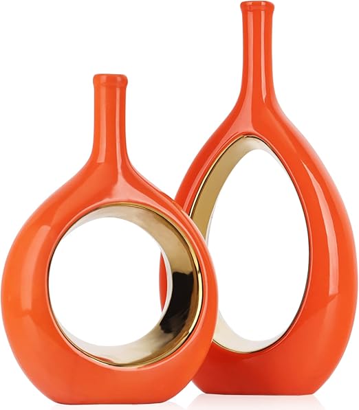 Orange and Gold Vase,Ceramic Vase Set of 2,Orange Gold