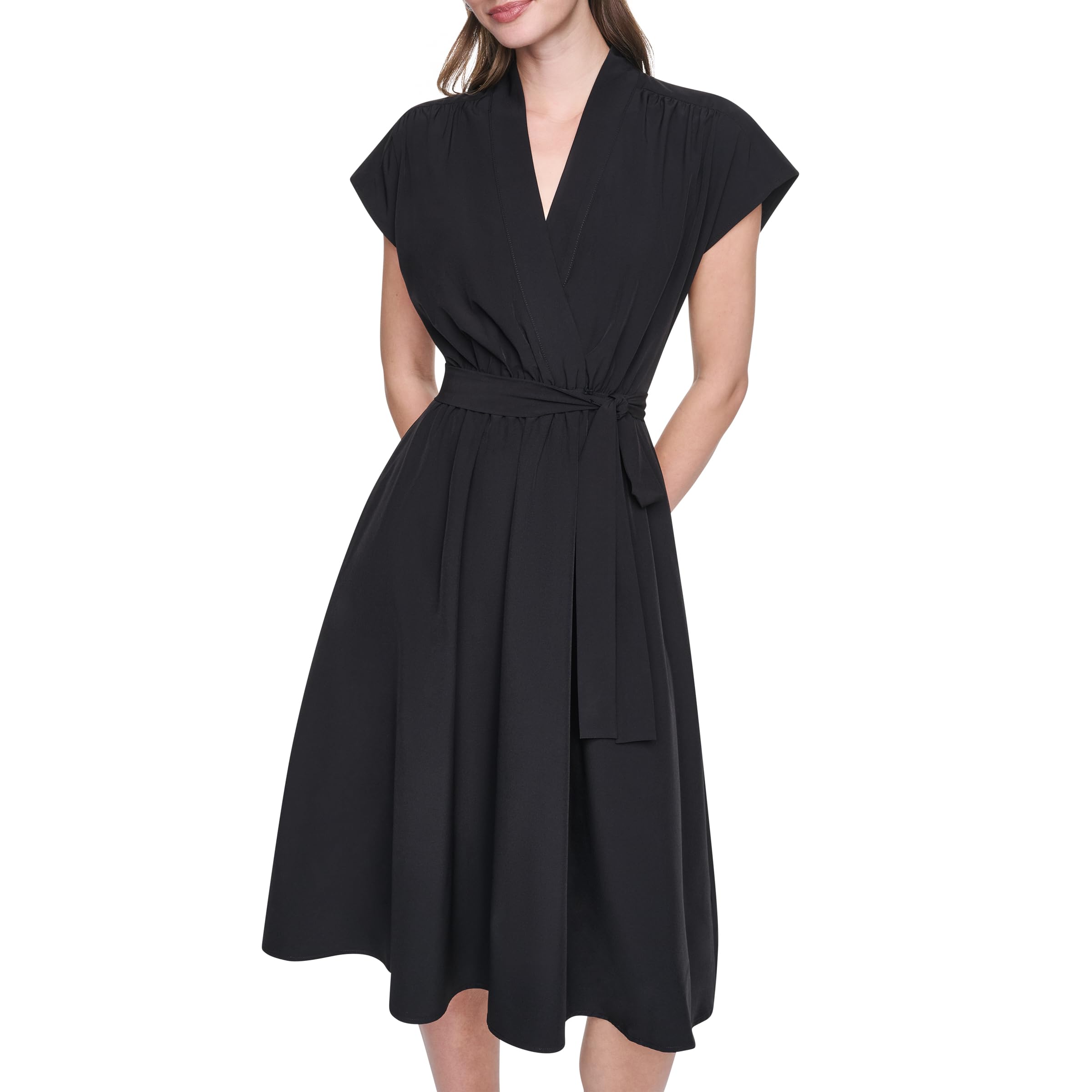 Women's Short Sleeve Surplice Neck Faux Wrap Commuter Midi Dress