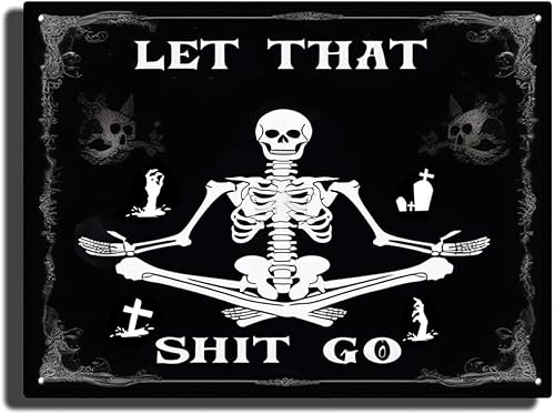 Miniatura 8 de Divertido letrero gótico negro con diseño de calavera con texto en inglés "Let That Shit Go", letreros metálicos para decoración de baño gótica de