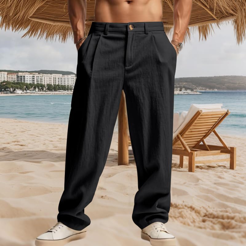 Casual Linen Pants for Men Loose Fit Elastic Waist Pant Straight Legs Beach Yoga Fall Trousers with Pockets2