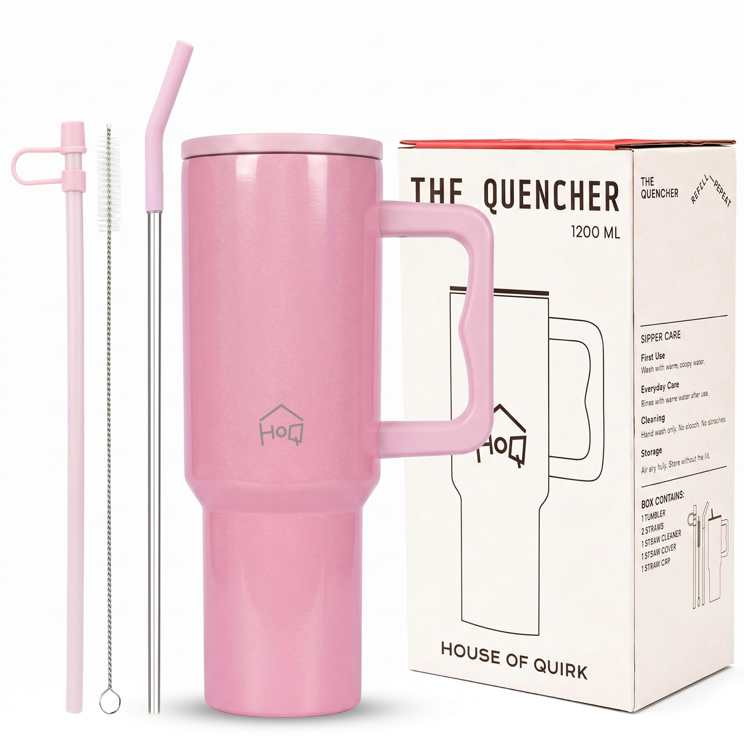 House of Quirk 1200ML Stainless Steel Tumbler with Handle & Lid, 2 Straws – Large Travel Mug Water Cup for Gym, Office & Outdoor Use (Shiny Baby Pink)
