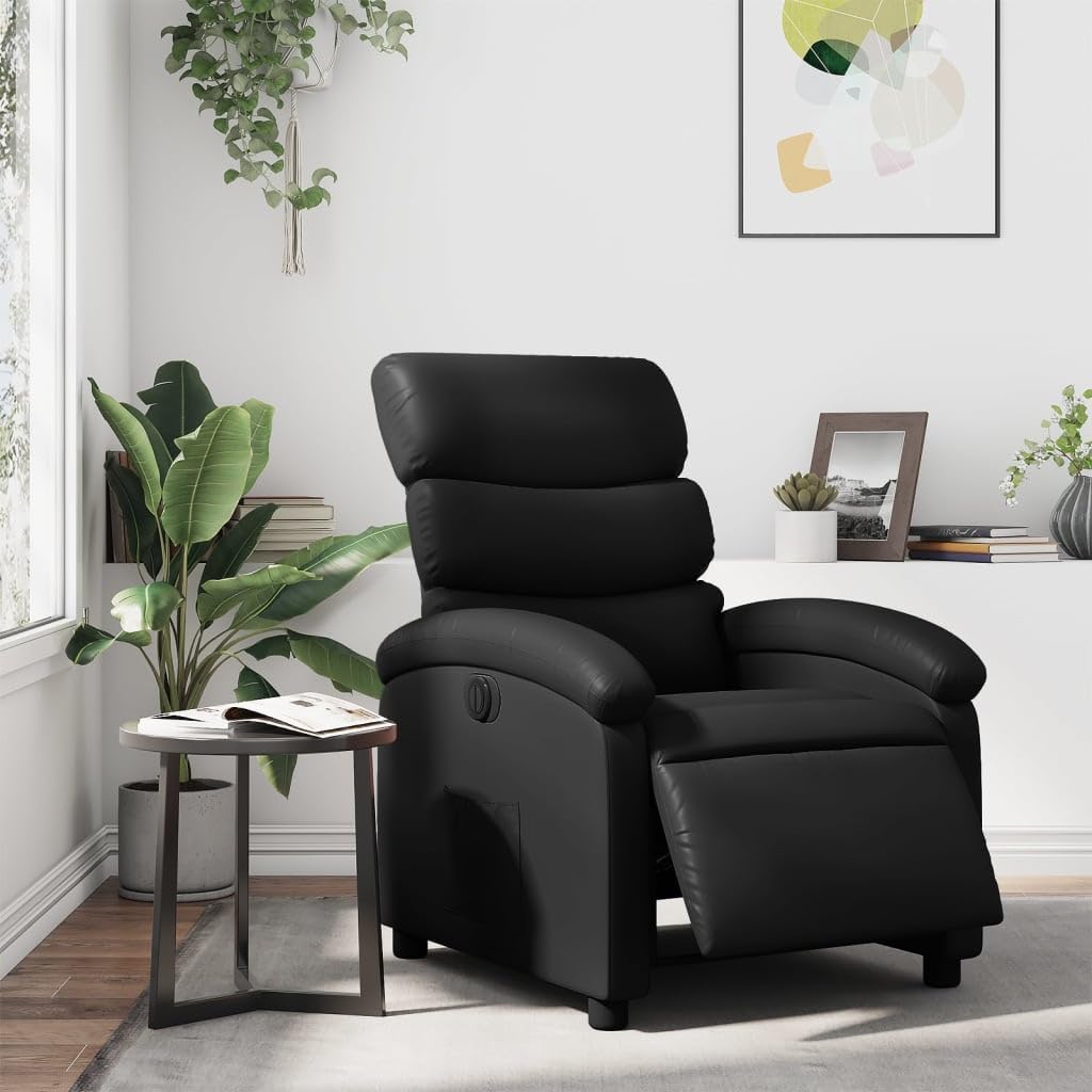 Fotel relaksacyjny, elektryczny, czarny, sztuczna skóra, z funkcją leżenia, regulowane oparcie i podnóżek, stabilna rama drewniana, ergonomiczny fotel telewizyjny do salonu i kącika do