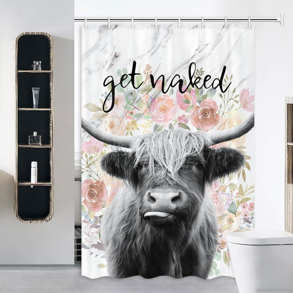 JAWO Funny Highland Cow Shower Curtain, Cow Shower Curtain with Hooks, Funny Cattle Bull Cow Floral on Marble Bathroom Curtain 69X84