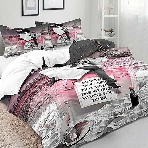 Vivihome 3Pcs Black Girl Duvet Cover Queen Set, Be Who You Are Inspirational Quote Eiffel Tower Pink Perfume Lipstick Makeup Fashion African American Bedding Set Bedroom Decor For Women, 2 Pillowcases #TOP2