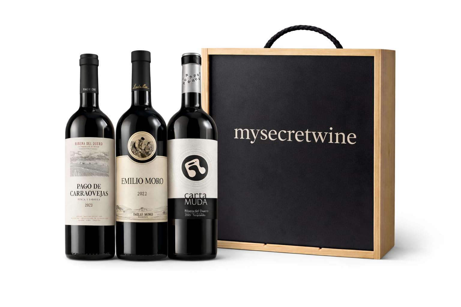 Pack Regalo Vino Tinto Ribera del Duero – Pago de Carraovejas + Emilio Moro + Cantamuda Parcela 64 – Estuche de Madera – 3 Botellas - Mysecretwine