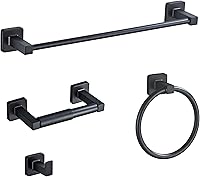 bluebyrne Matte Black 4-Piece Bathroom Hardware Set: 16" Towel Bar, Ring, Robe Hook, TP Holder - Rustproof Stainless Steel