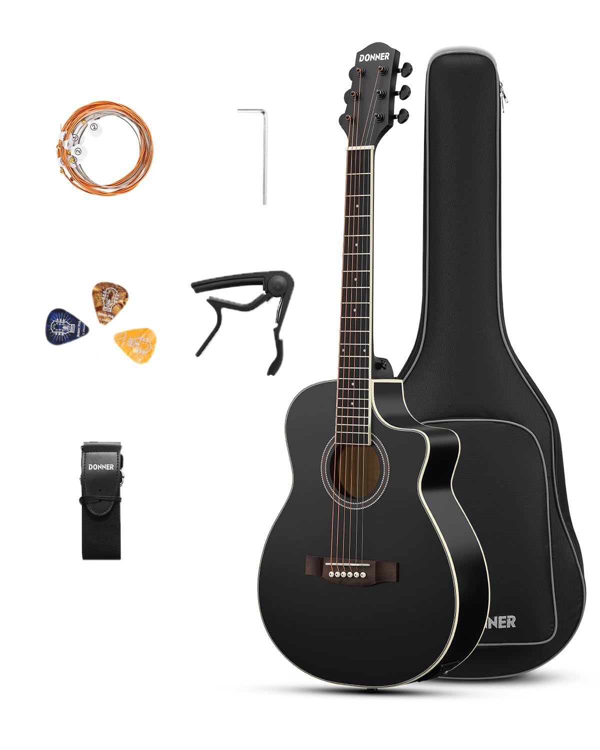 Donner Voyager - Kit per chitarra acustica elettrica JF Cutaway 3/4 con pickup e accordatore integrati, equalizzatore a 3 bande, kit di chitarra portatile da viaggio con custodia, capotasto, tracolla