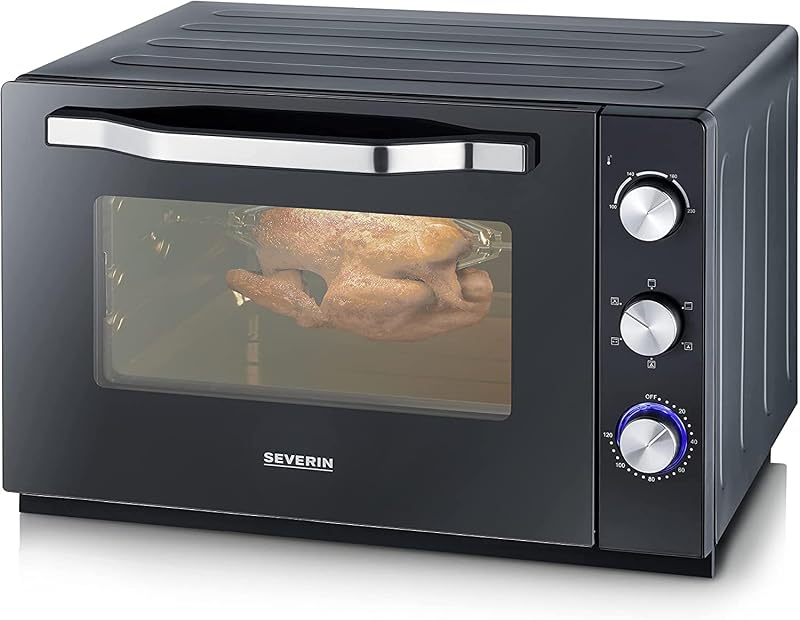 SEVERIN XXL Toaster Oven with Convection Function, Mini Toaster Oven with Rack and Tray, Small Oven with Pizza Stone and Rotisserie 2200 W, 60 L, Black, TO 2073