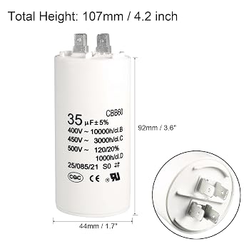 sourcing map CBB60 Run Capacitor 35uF 450V AC Double Insert 50/60Hz Cylinder 92x44mm White for Air Compressor Water Pump Motor