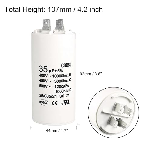 sourcing map CBB60 Run Capacitor 35uF 450V AC Double Insert 50/60Hz Cylinder 92x44mm White for Air Compressor Water Pump Motor