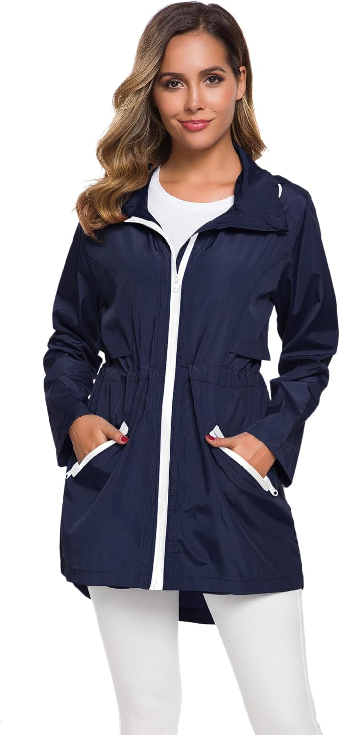 Avoogue Women's Long Raincoat with Hood Outdoor Lightweight Windbreaker Rain Jacket Waterproof - Image 2