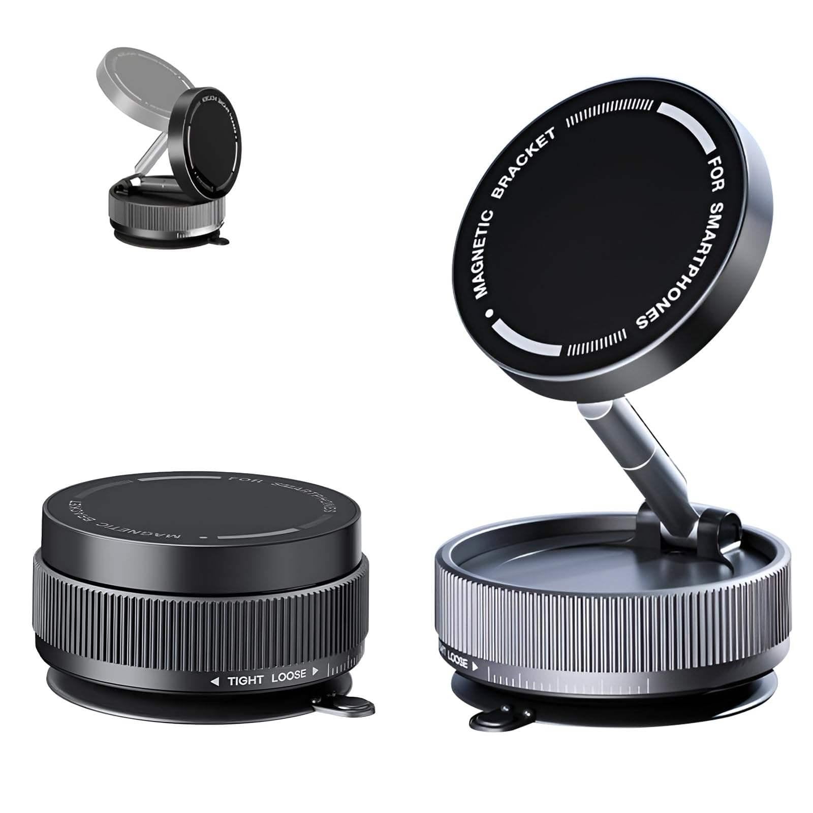 RIGGEAR Upgraded Magnetic Phone Holder with Vacuum Suction- 360° Adjustable, Foldable &Telescopic Car Mount for iPhone & Android - Works on Car Dash, Mirror, Gym & More - Black
