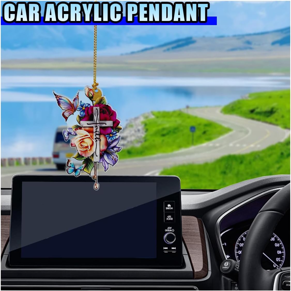 Jesus Cross Rear View Mirror Pendant, 2D Flat Acrylic Hanging Car Interior Rear View Mirror Charm, Lovely Flower Car Ornament Keepsake Decoration for Men and Women Presents (Flower) - Image 4