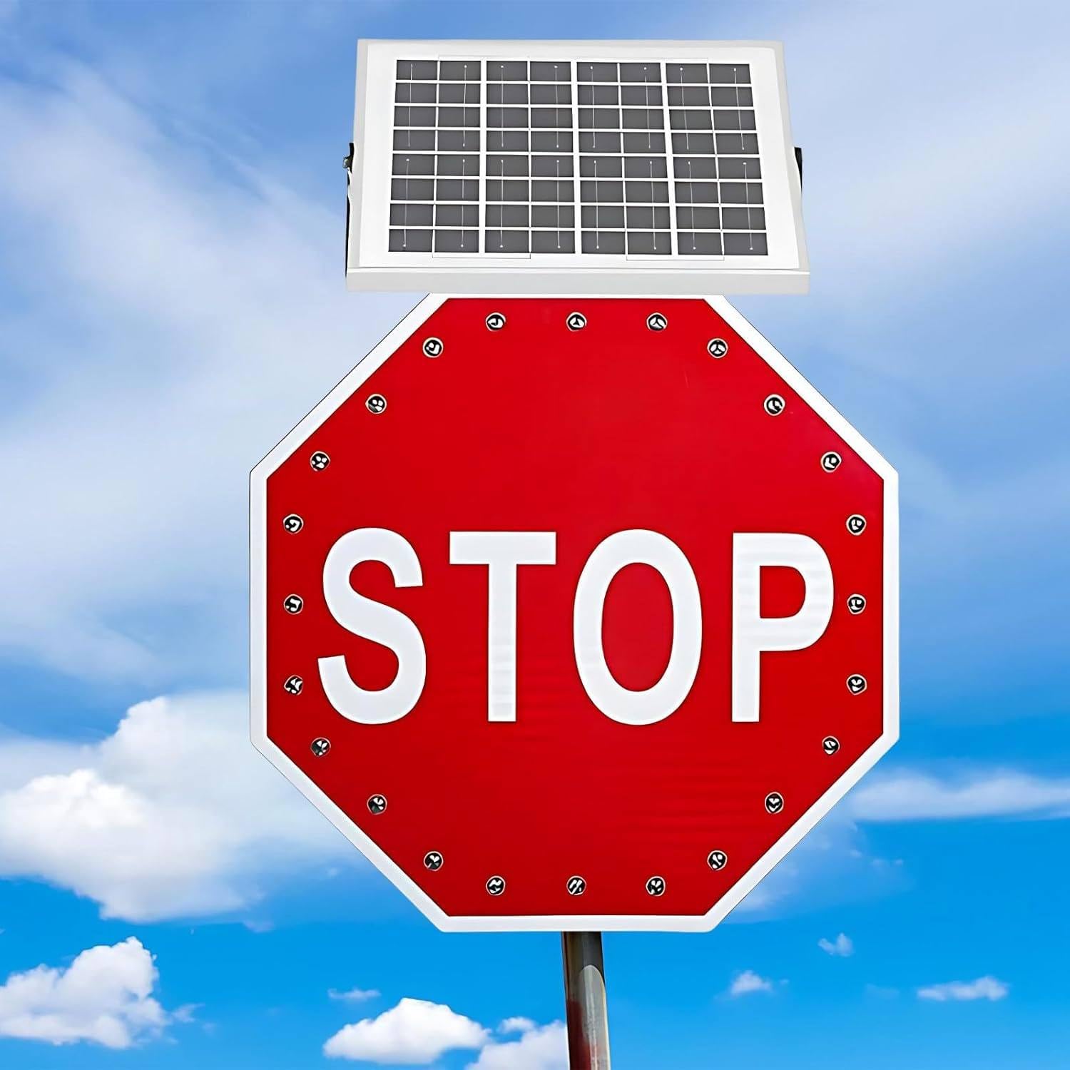Señal Stop con Energía Solar, Cartel Exterior Impermeable IP65 | La protección IP65, el marco anticorrosión y la carcasa sellada son adecuados para instalación exterior todo el año