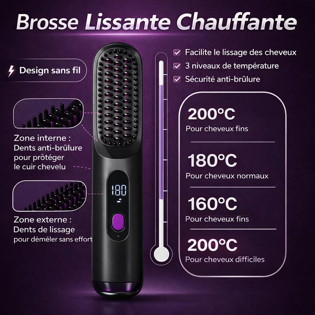 Brosse Coiffante Cocoony Cheveux Courts, Brosse Cheveux Lissante Rechargeable et Portable, Brosse Volumisante pour Coiffage Rapide (Noir)