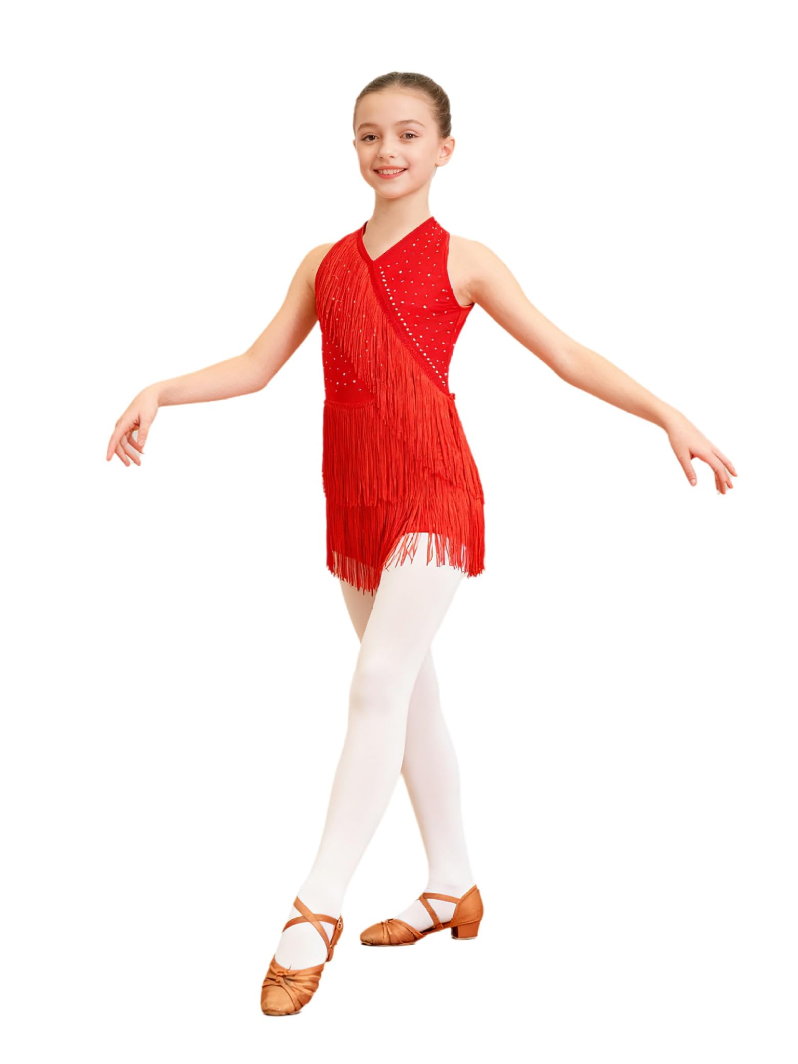 Jydiazi Vestido de baile latino para niña, con flecos, con brillantes, vestido de tango latinoamericano, Cha Cha, ropa de baile