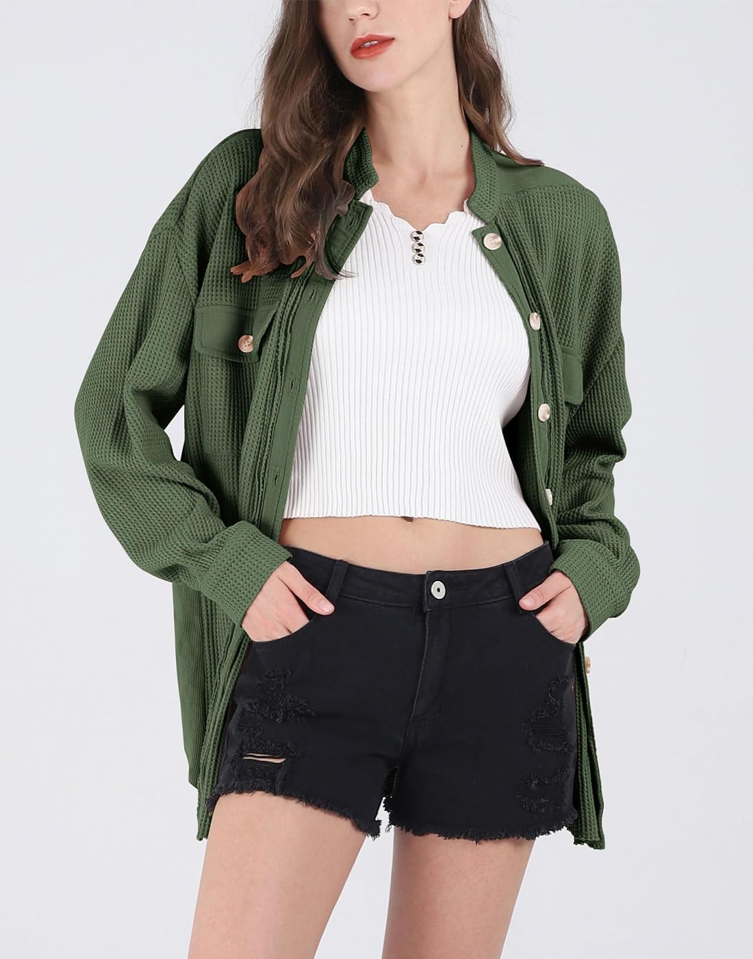 Womens Waffle Knit Shirt Button Down Long Sleeve Lightweight Slouchy Boyfriend Blouse Shacket Tops - Image 2