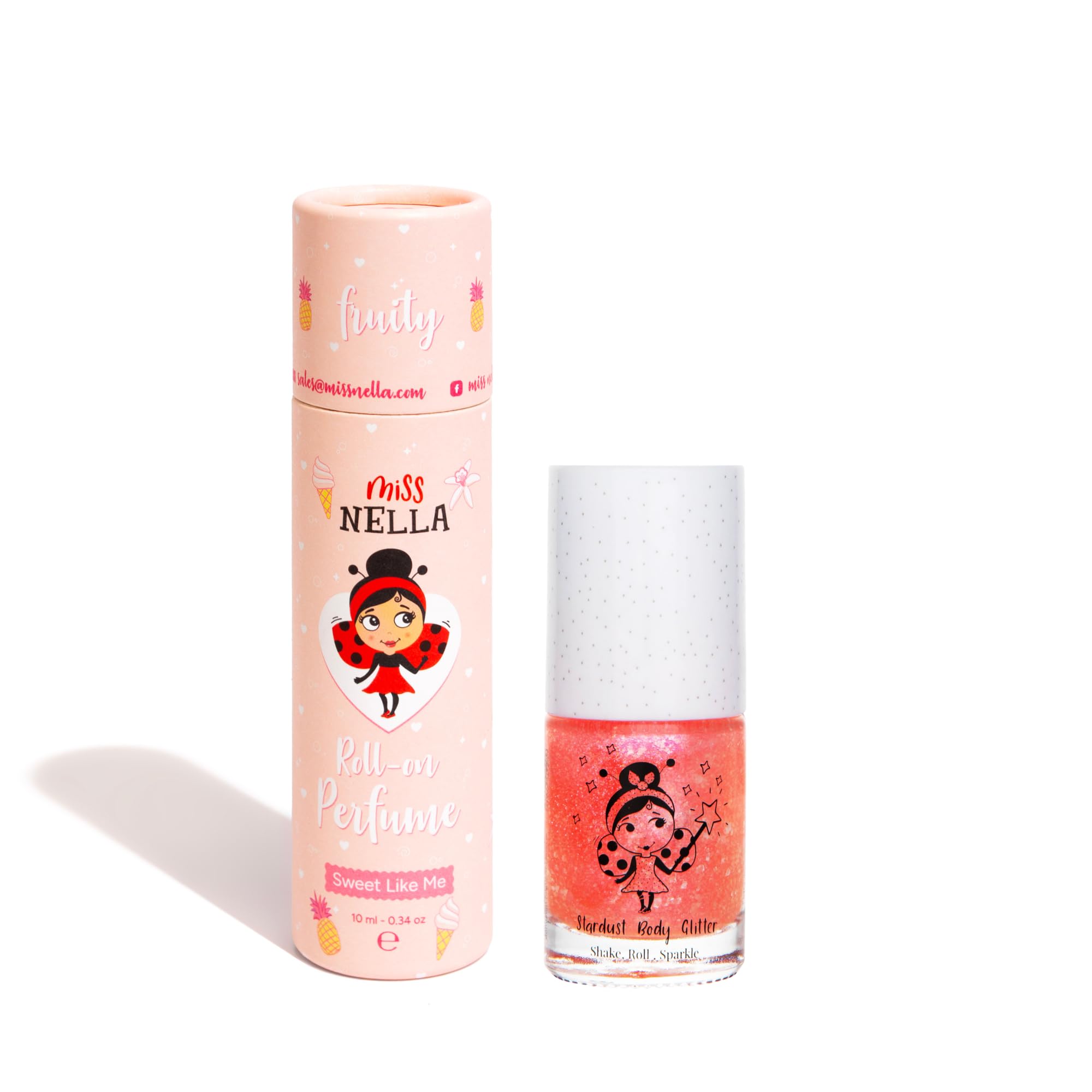Miss Nella Rock n' Roll Duo Set, Roll-on Parfüm und Body Glitter für Kinder, 10 ml Parfüm und 15 ml Glitzer, Erhältlich in rosa und lila (Pink)