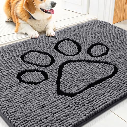 Image of Smiry Dog Door Mat for Muddy Paws, Absorbent Dirt Trapper Non Slip Quick Dry Washable Chenille Mat for Mud Dogs, Entry Rug for Indoor and Outdoor (30x20 Inches, Dark Grey and Black)