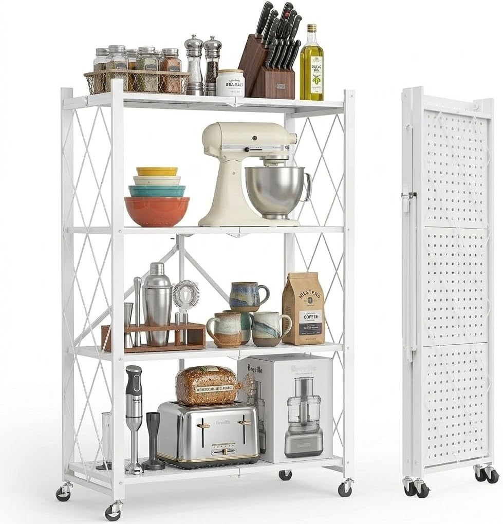 Portable 4-Tier Foldable Storage Shelves with Wheels Heavy Duty Storage Shelf Collapsible Shelves