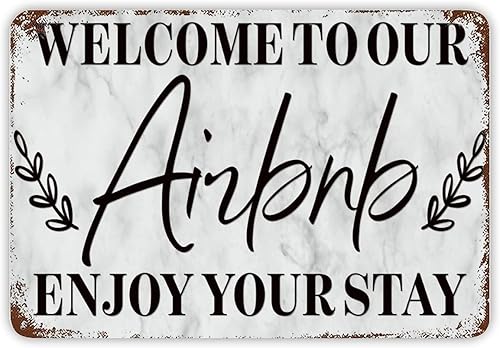 Letrero de metal con texto en inglés "Welcome to Our Airbnb Enjoy Your Stay", placa de metal con frases y frases divertidas, letrero clásico de