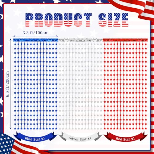 Image of Tingjoo 3 Pack 4th of July Decorations 3.3 x 6.6 ft Patriotic Star Streamers Red Blue and Silver Tinsel Foil Fringe Curtains Decorations Backdrop for Independence Day America Memorial Day Labor