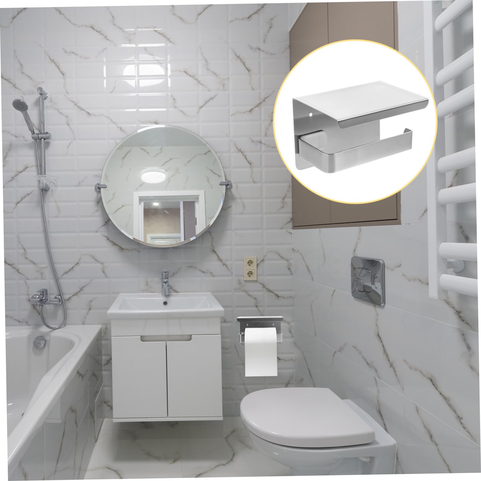 Porta Carta Igienica da Parete in Acciaio Resistente Nero con Mensola Multifunzione per Bagno e Cucina Supporto Robusto per Spazio per Telefono Occhiali e Accessori
