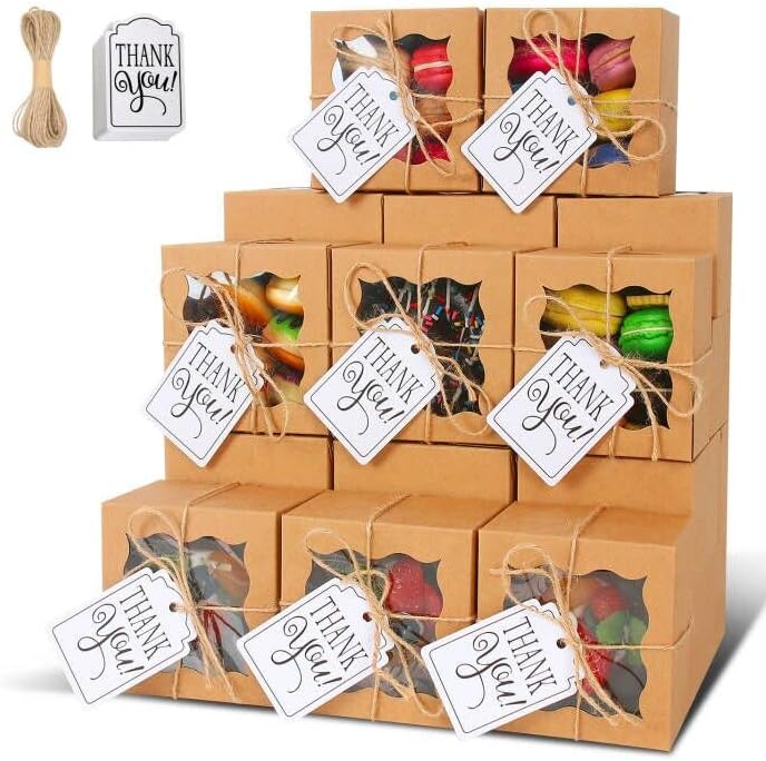 KPOSIYA 10 Pcs Bakery Boxes With Window 4x4x2.5 Inches Kraft Paper Brown Gift Box for Cupcakes, Cookies, Pie, Donuts, Macaroons (10)