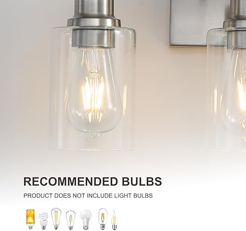 Miniatura 4 de Apliques de pared de níquel cepillado, 3 luces de tocador de baño con pantallas de vidrio transparente, iluminación de pared moderna de granja para