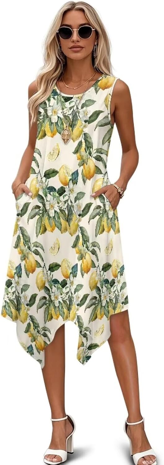 Women Summer Casual Sleeveless Crewneck Sundress A-line Flowy Irregular Midi Beach Dress Vacation Outfits