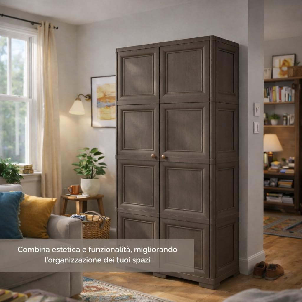 Armadio Multiuso in Plastica 2 Ante con 4 Scomparti e Vano Portascopa, Mobile Alto Organizzazione Casa per Lavanderia, Ingresso e Ripostiglio, 79x43x164 cm (Wengé)