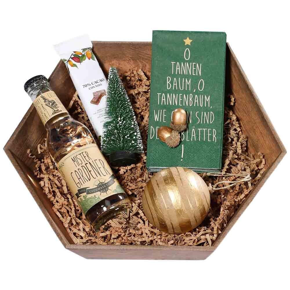 Geschenkkorb, Wellpappkorb Vintage, Holzoptik, 6-eckig, 19,5x20,2x9,2 cm, 25 Stück