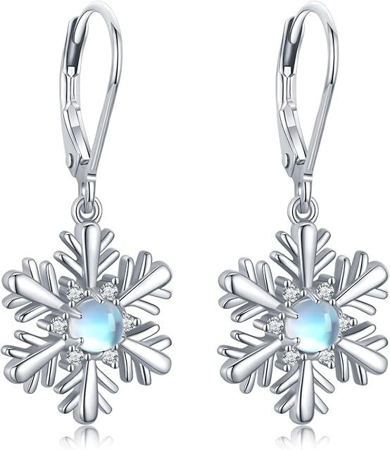 Snowflake Earrings 925 Sterling Silver Snowflake Dangle Drop Earrings Hypoallergenic Moonstone Earrings Jewellery Christmas Gifts for Women Girls