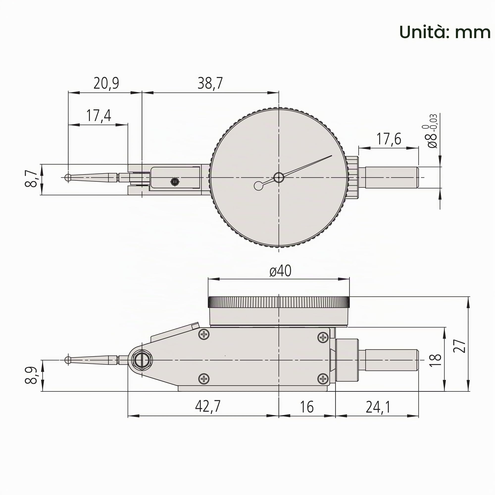 Mitutoyo 513-404-10T - Indicatore di prova orizzontale, attacco 4/8 mm
