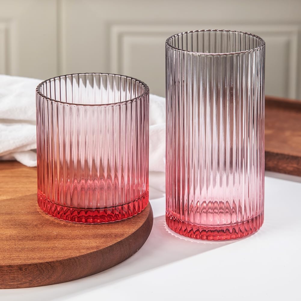Lumkit Ribbed Drinking Glasses 8pcs, 12oz and 10oz Glassware, Tumbler Glasses Cup Set for Wedding, Party, Christmas Gift, Grey Pink