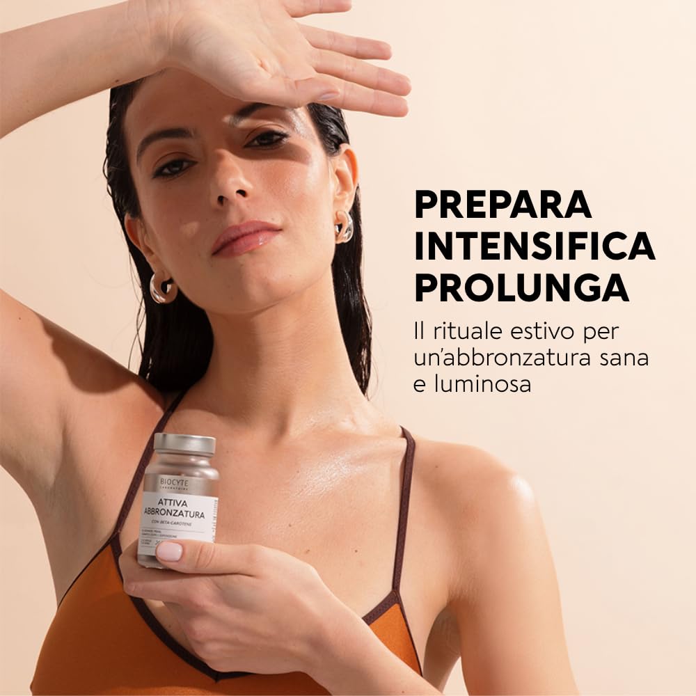 Biocyte Attiva Abbronzatura - Preparatore Solare - Integratore con Betacarotene - Rame, Vitamina D3, Vitamina E - Attivatore Abbronzatura Pelle Viso e Corpo - Vegano - 60 Capsule - 2 Mesi