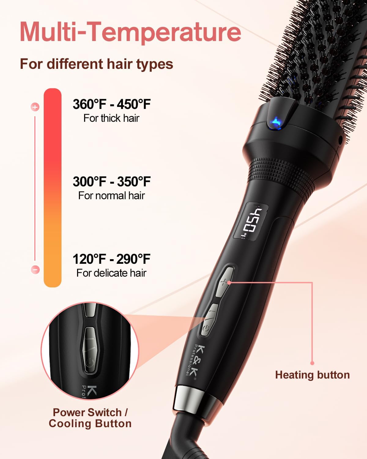 K&K Blowout Boost Thermal Brush, 1 1/2 inch Heated Round Brush Curling Iron for Blowout Look, Dual Voltage, Ceramic Tourmaline, Ionic Technology, Multiple Temperature Settings