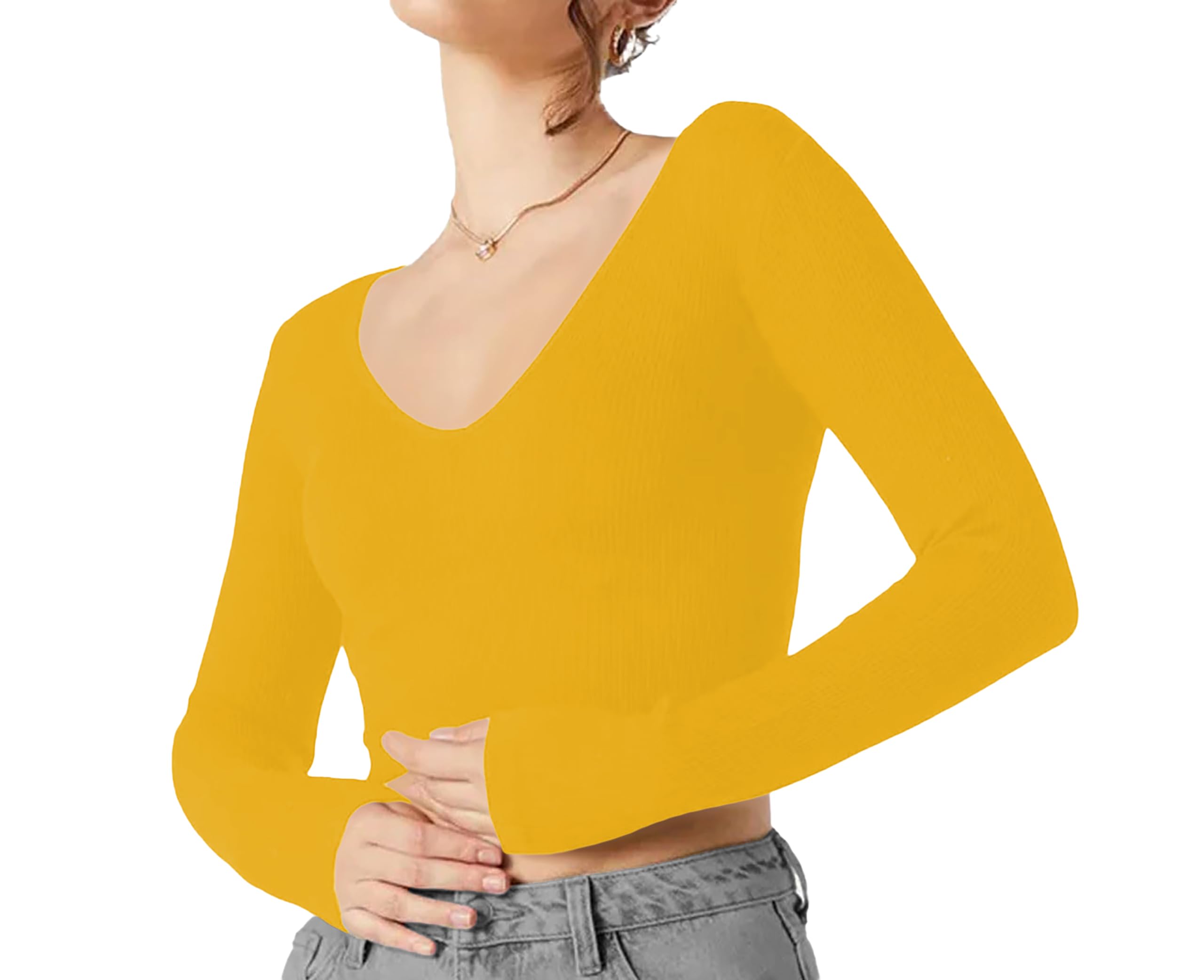 Women's Cotton Basic Solid V Neck Full Sleeve Stylish Black Crop Top T-Shirt for Women L403