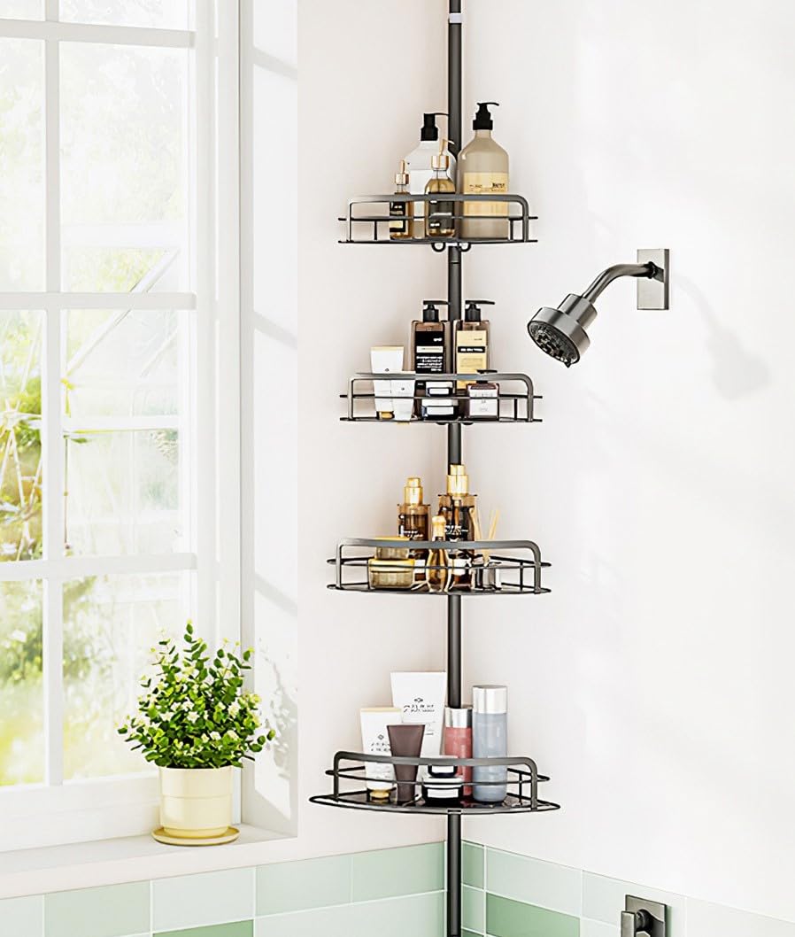 Corner Shower Caddy Tension Pole 4-Tier Adjustable Rust-Free Bathroom Organizer for Shampoo Towels No Drill Installation Fits 8