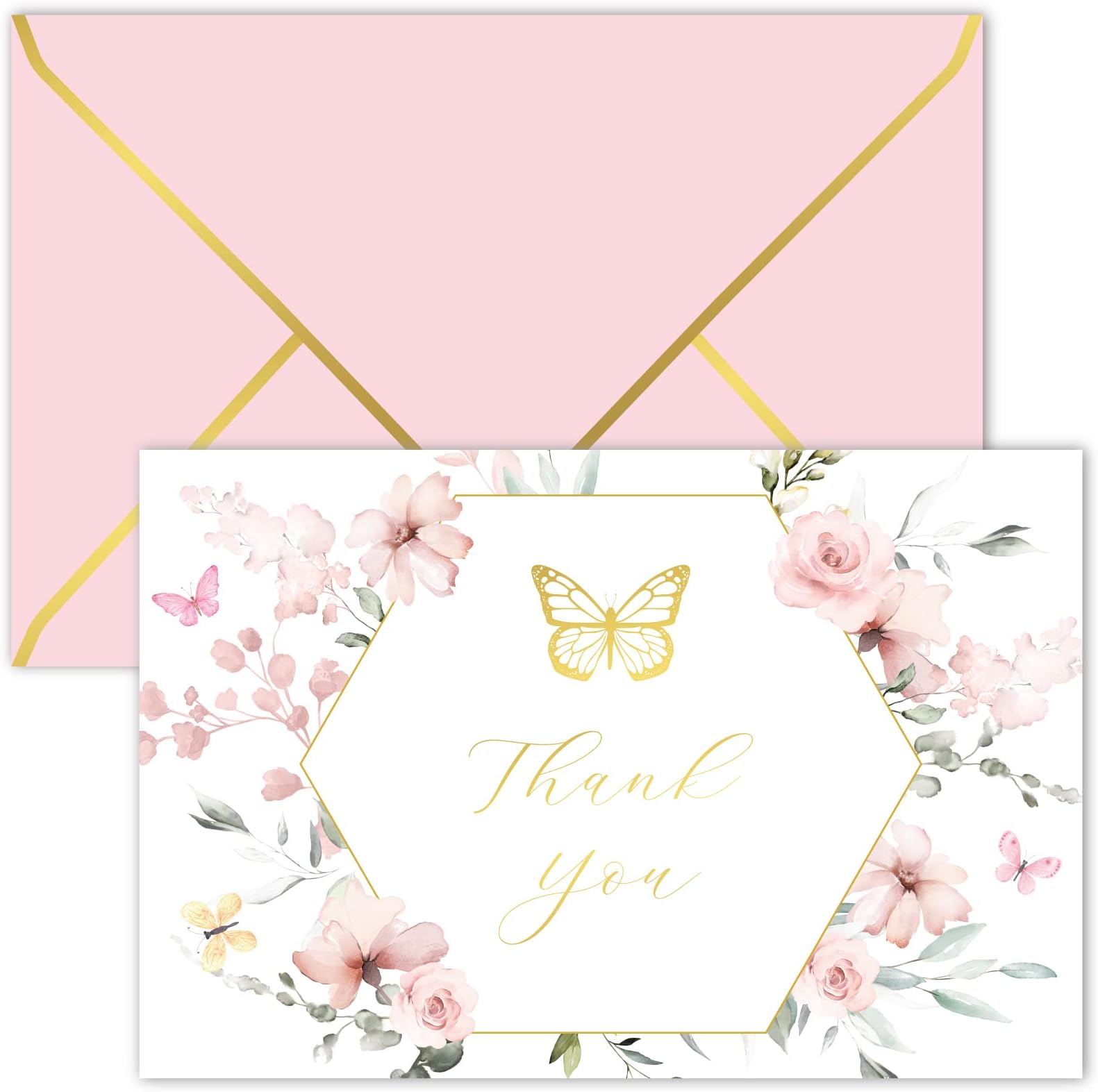 Gooji4x6 Butterfly Dream Floral Thank You Cards with Envelopes (Bulk 20-Pack) Baby Shower, Bridal Shower, Wedding, Greeting, Blank Notes Box Assorted Stationary Pink Flowers